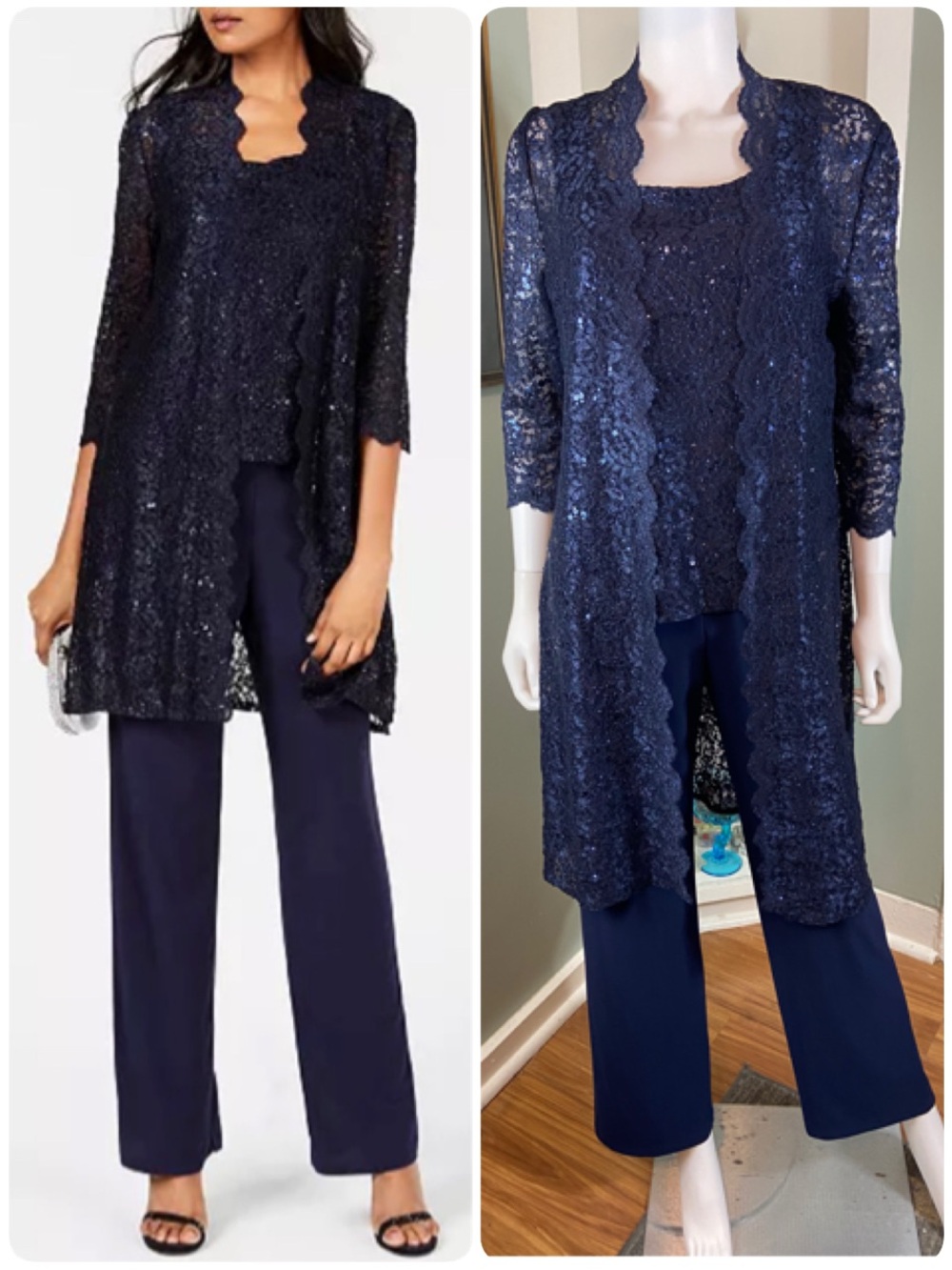 RM Richards Navy Lace Sequin Set Duster Formal Pants Suit Jacket Tank Top Size 6